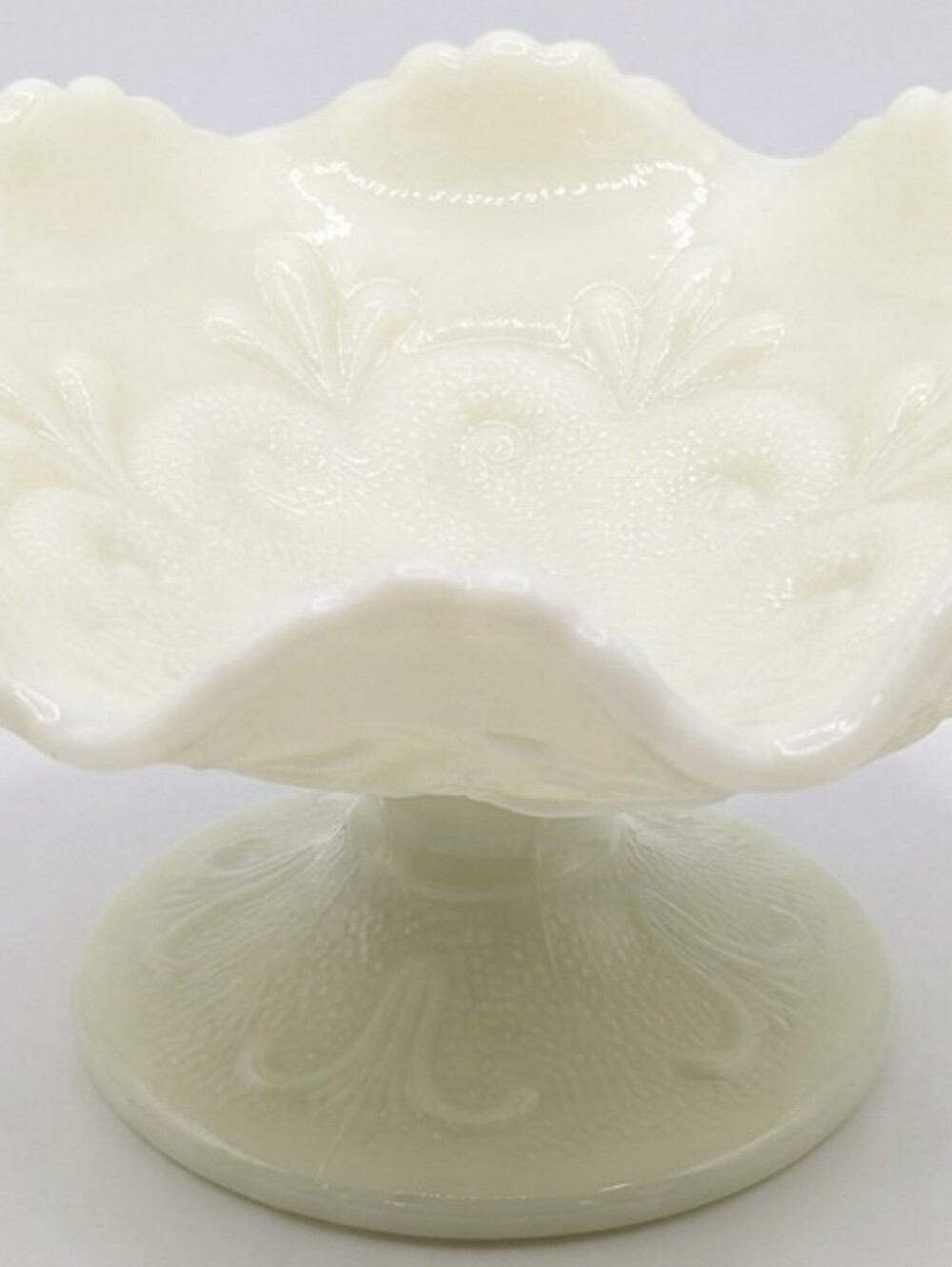 Custard Uranium Glass Ruffled Pedestal Compote - L.G. Wright / Dugan